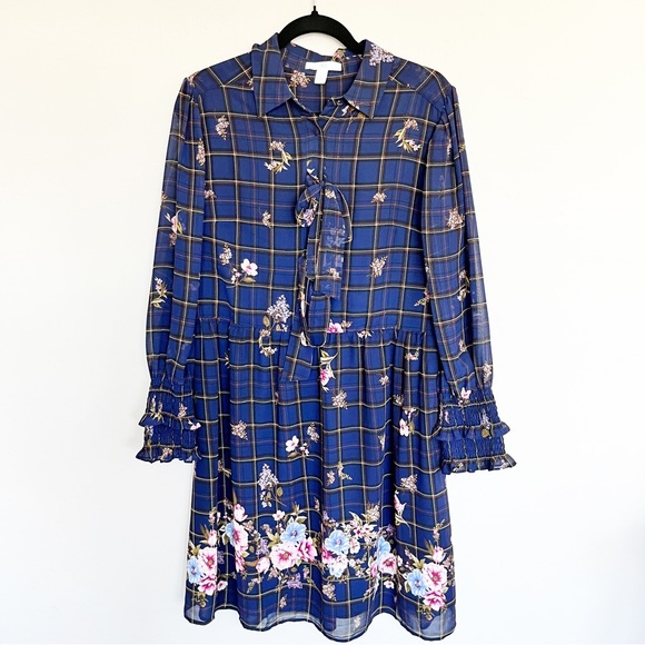 1901 Dresses & Skirts - 1901 Plaid Floral Long Sleeve Bow Tie Dress